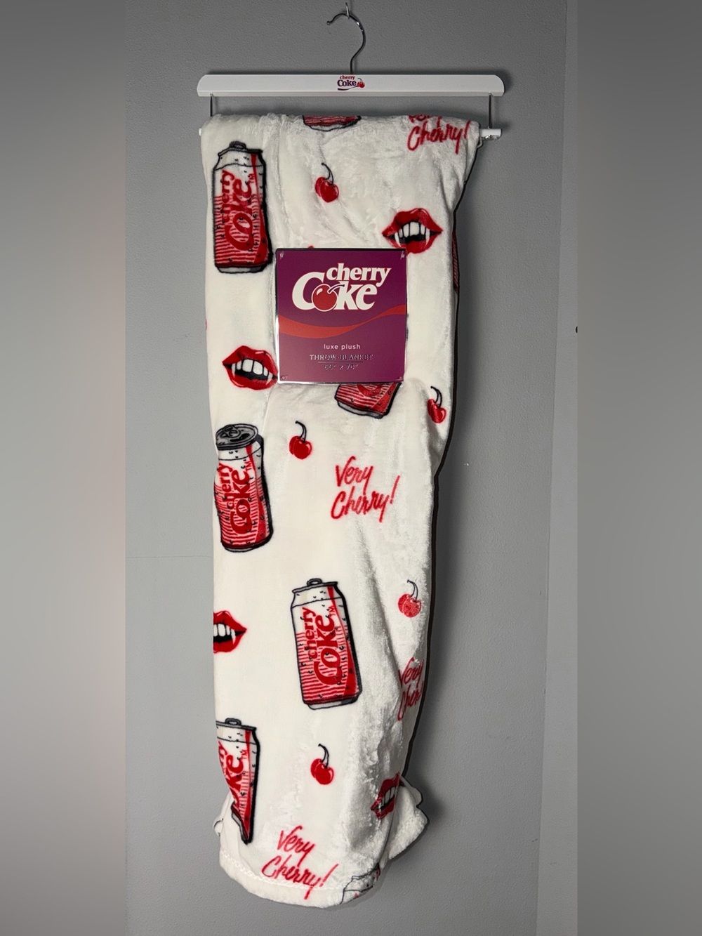 Coca Cola Cherry Coke Plush Blanket - White with Red Pop Graphics